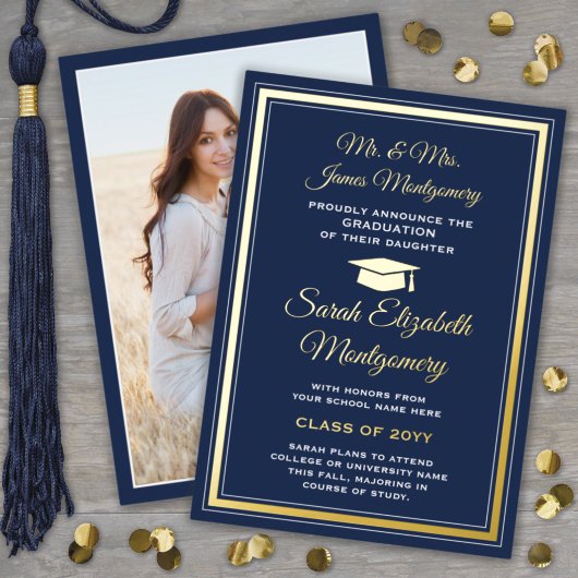 ネイビーブルーとフォイルの写真の卒業発表 箔招待状