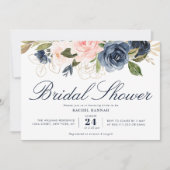 ネイビーブルーとフラッシュの花のウェディングシャワーのペイント 招待状 (正面)