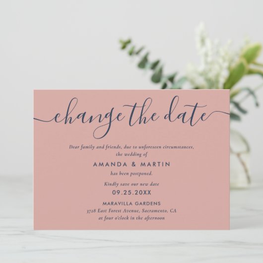 ネイビーブルーとブッシュの結婚式延期のお知らせ 案内状 (スタンド正面)