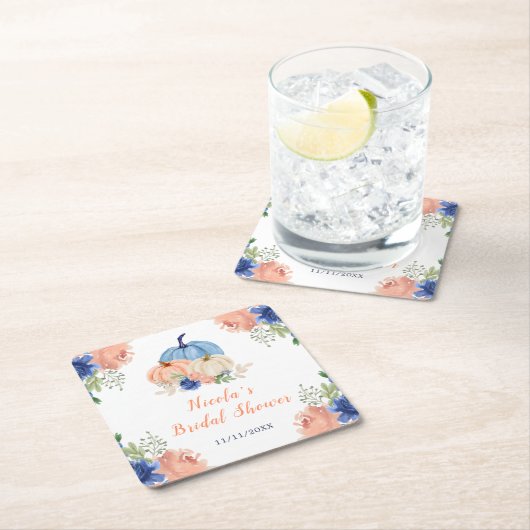 ネイビーブルーとブッシュの花のカボチャの結婚式前祝い スクエアペーパーコースター (インサイチュ)