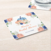 ネイビーブルーとブッシュの花のカボチャの結婚式前祝い スクエアペーパーコースター (アングル)