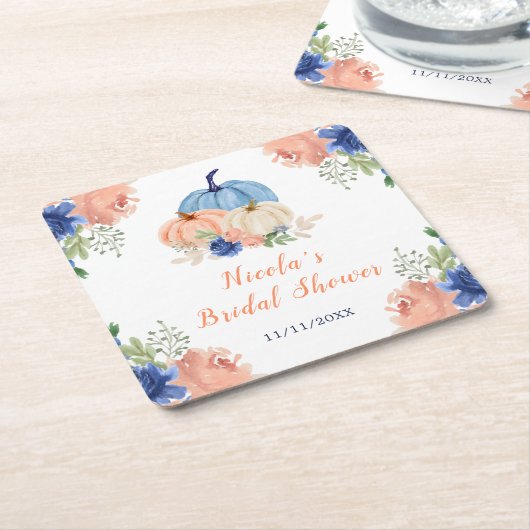 ネイビーブルーとブッシュの花のカボチャの結婚式前祝い スクエアペーパーコースター (アングル)