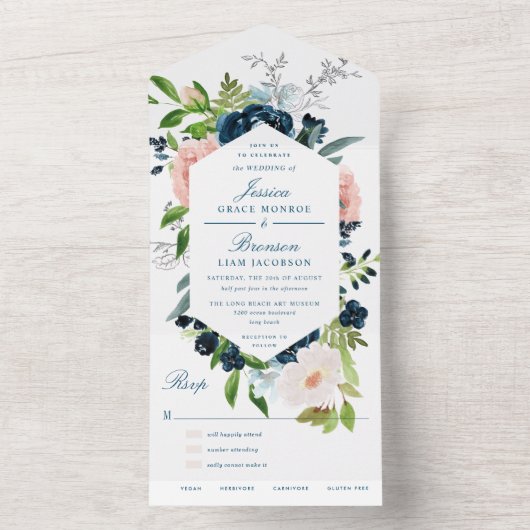 ネイビーブルーとブッシュの花の結婚式 オールインワン招待状 (内側)