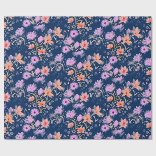 ネイビーブルーとブッシュピンクのヴィンテージ花柄 ラッピングペーパー (フラット)