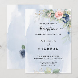 ネイビーブルーとブッシュピンクの花の結婚式の披露宴 招待状
