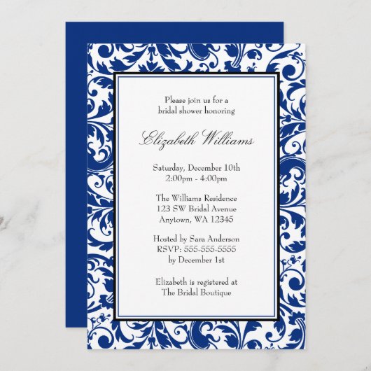 ネイビーブルーとブラックスワールダマスクブライダルシャワー 招待状 (正面/裏面)