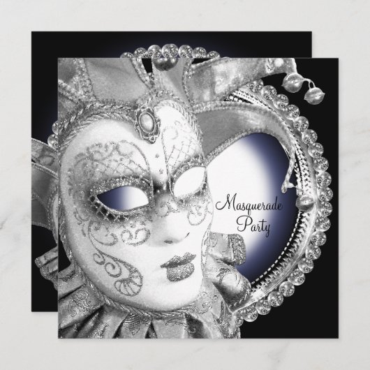 ネイビーブルーとブラックマスカレードのパーティの招待状 招待状 (正面/裏面)
