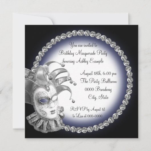 ネイビーブルーとブラックマスカレードのパーティの招待状 招待状 (裏面)