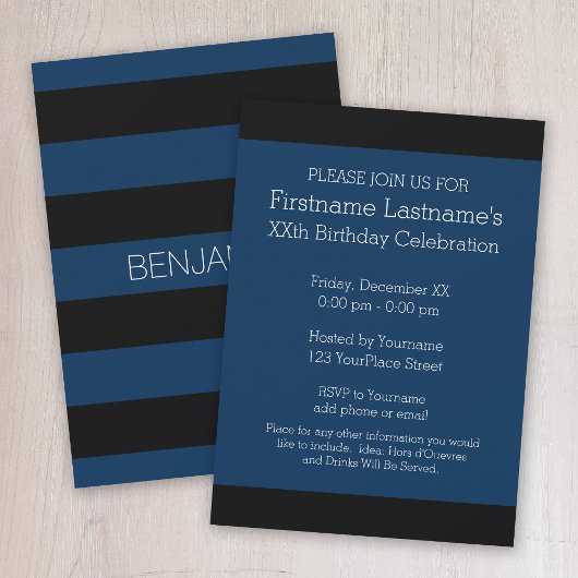 ネイビーブルーとブラックラグビーストライプ名前をカスタムする付き 招待状