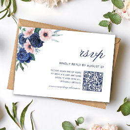 ネイビーブルーとブラッシュの花柄幾何学的な結婚式QRコード 出欠カード