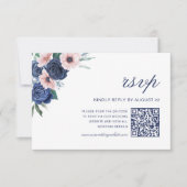 ネイビーブルーとブラッシュの花柄幾何学的な結婚式QRコード 出欠カード (正面)