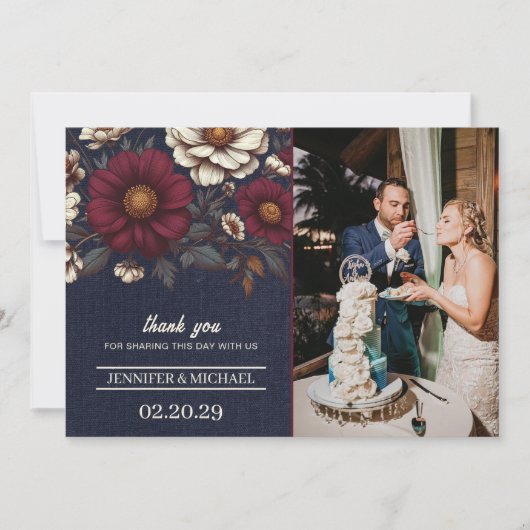 ネイビーブルーとブルゴーニュのフローラ結婚ズ サンキューカード (正面)