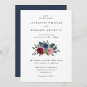 ネイビーブルーとブルゴーニュのフローラ結婚式招待状 招待状 (正面/裏面)