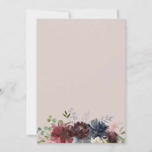 ネイビーブルーとブルゴーニュの花結婚の数 招待状 (裏面)