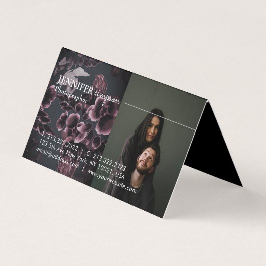 ネイビーブルーとブルゴーニュの3枚の写真フローラル 名刺 (正面)