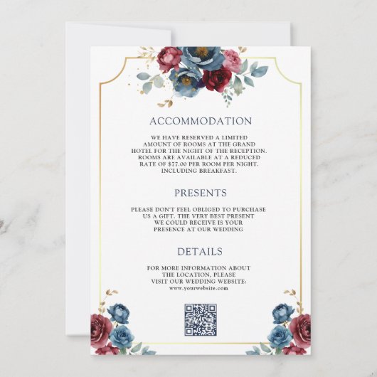 ネイビーブルーとブルゴーニュフローラアンパサンド結婚ズ 招待状 (裏面)