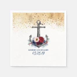 ネイビーブルーとブルゴーニュレッドフローラ航海のいかり スタンダードカクテルナプキン