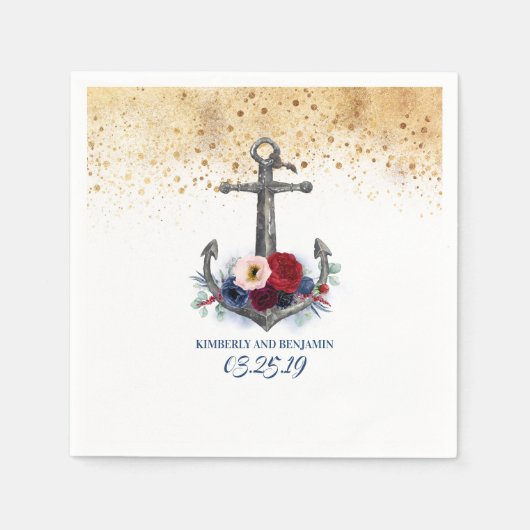 ネイビーブルーとブルゴーニュレッドフローラ航海のいかり スタンダードカクテルナプキン (正面)