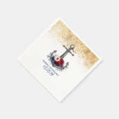 ネイビーブルーとブルゴーニュレッドフローラ航海のいかり スタンダードカクテルナプキン (角)