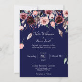 ネイビーブルーとブルゴーニュ植物写真結婚ズ 招待状 (正面)
