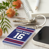 ネイビーブルーとブルゴーニュ白ストライプズチームジャージー キーホルダー (正面右)