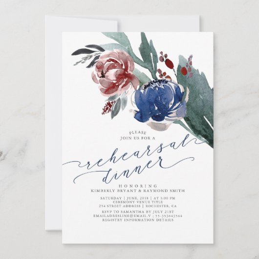 ネイビーブルーとブルゴーニュ赤フローラリハーサルディナー 招待状 (正面)