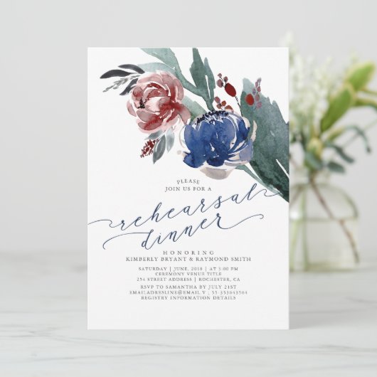 ネイビーブルーとブルゴーニュ赤フローラリハーサルディナー 招待状 (スタンド正面)