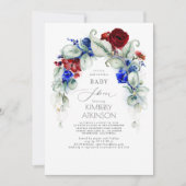 ネイビーブルーとブルゴーニュ赤フローラ赤ちゃんシャワー 招待状 (正面)