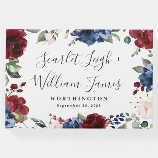 ネイビーブルーとブルゴーニュ赤面ピンク結婚フローラ ゲストブック (正面)