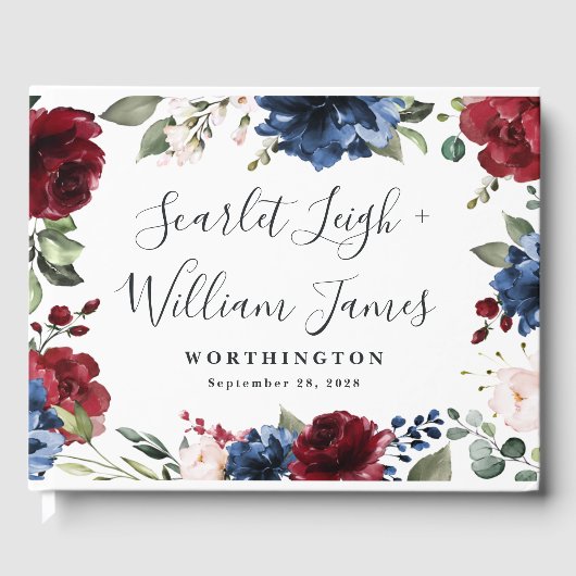 ネイビーブルーとブルゴーニュ赤面ピンク結婚フローラ ゲストブック (正面)