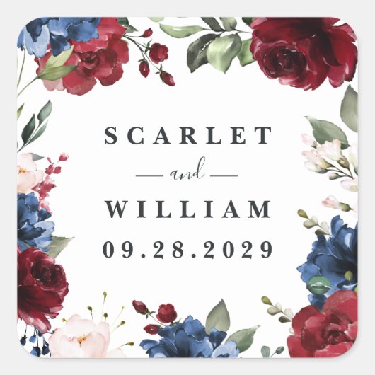 ネイビーブルーとブルゴーニュ赤面ピンク結婚フローラ スクエアシール (正面)