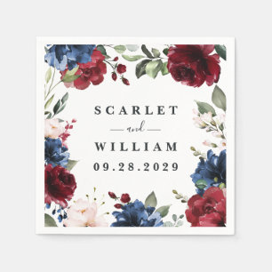 ネイビーブルーとブルゴーニュ赤面ピンク結婚フローラ スタンダードカクテルナプキン