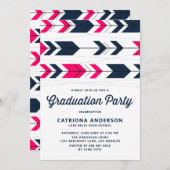 ネイビーブルーとホットピンクモダンの矢印の卒業 招待状 (正面/裏面)
