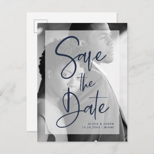 ネイビーブルーとホワイトのオーバーレイ|写真保存日 案内ポストカード (正面/裏面)