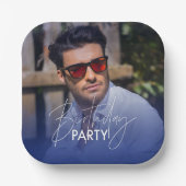 ネイビーブルーとホワイトのグラデーション写真　誕生日 ペーパープレート (正面)