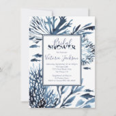 ネイビーブルーとホワイトのサンゴ礁 ブライダルシャワー 招待状 (正面)