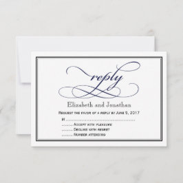 ネイビーブルーとホワイトのスクリプト結婚式返信カード 招待状