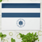 ネイビーブルーとホワイトのステアリングホワイトとボートいかり キッチンタオル (折り畳み)