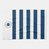 ネイビーブルーとホワイトのステアリングホワイトとボートいかり キッチンタオル (横)