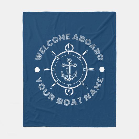 ネイビーブルーとホワイトのステアリングホワイトとボートいかり フリースブランケット (正面)
