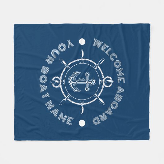 ネイビーブルーとホワイトのステアリングホワイトとボートいかり フリースブランケット (正面(横))