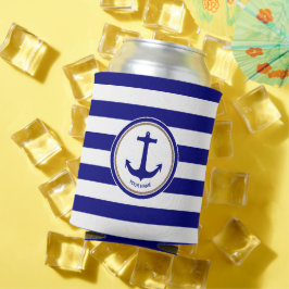 ネイビーブルーとホワイトのストライプに錨のデザイン 缶クーラー