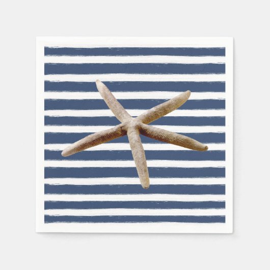 ネイビーブルーとホワイトのストライプヒトデ スタンダードカクテルナプキン (正面)