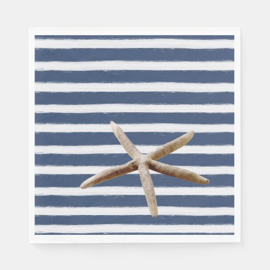 ネイビーブルーとホワイトのストライプヒトデ スタンダードランチョンナプキン (正面)