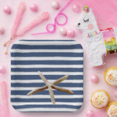 ネイビーブルーとホワイトのストライプヒトデ ペーパープレート (パーティー)