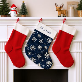 ネイビーブルーとホワイトのスノーフレークの名入れデザイン ラージクリスマスストッキング