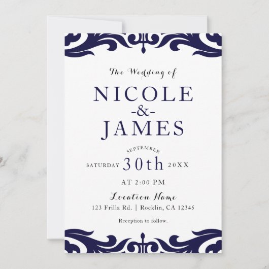 ネイビーブルーとホワイトのダマスク柄 おしゃれ エレガントなウェディング 招待状 (正面)