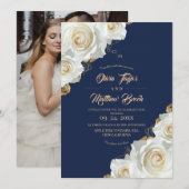 ネイビーブルーとホワイトのバラの結婚式 招待状 (正面/裏面)
