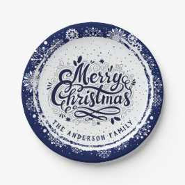 ネイビーブルーとホワイトのミニマルでエレガントなメリークリスマス ペーパープレート