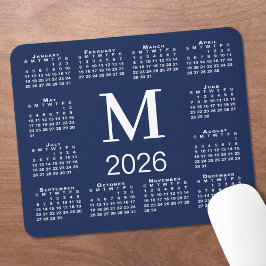 ネイビーブルーとホワイトのモノグラム 2026年カレンダー マウスパッド